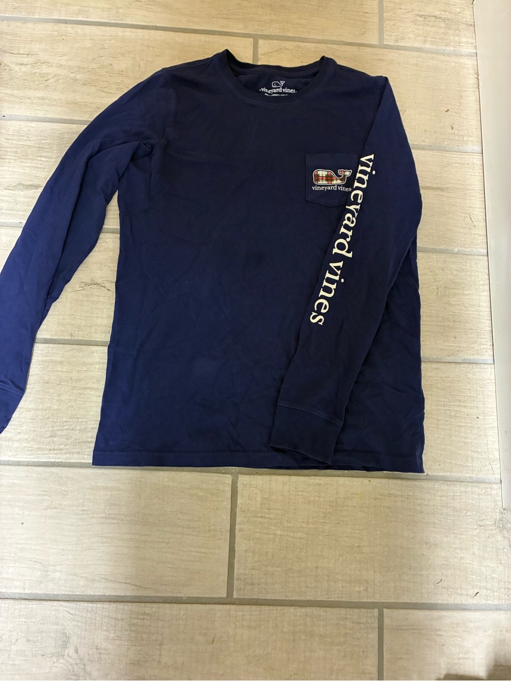 Vineyard Vines Navy Long-Sleeve Pocket Tee with Sleeve Logo